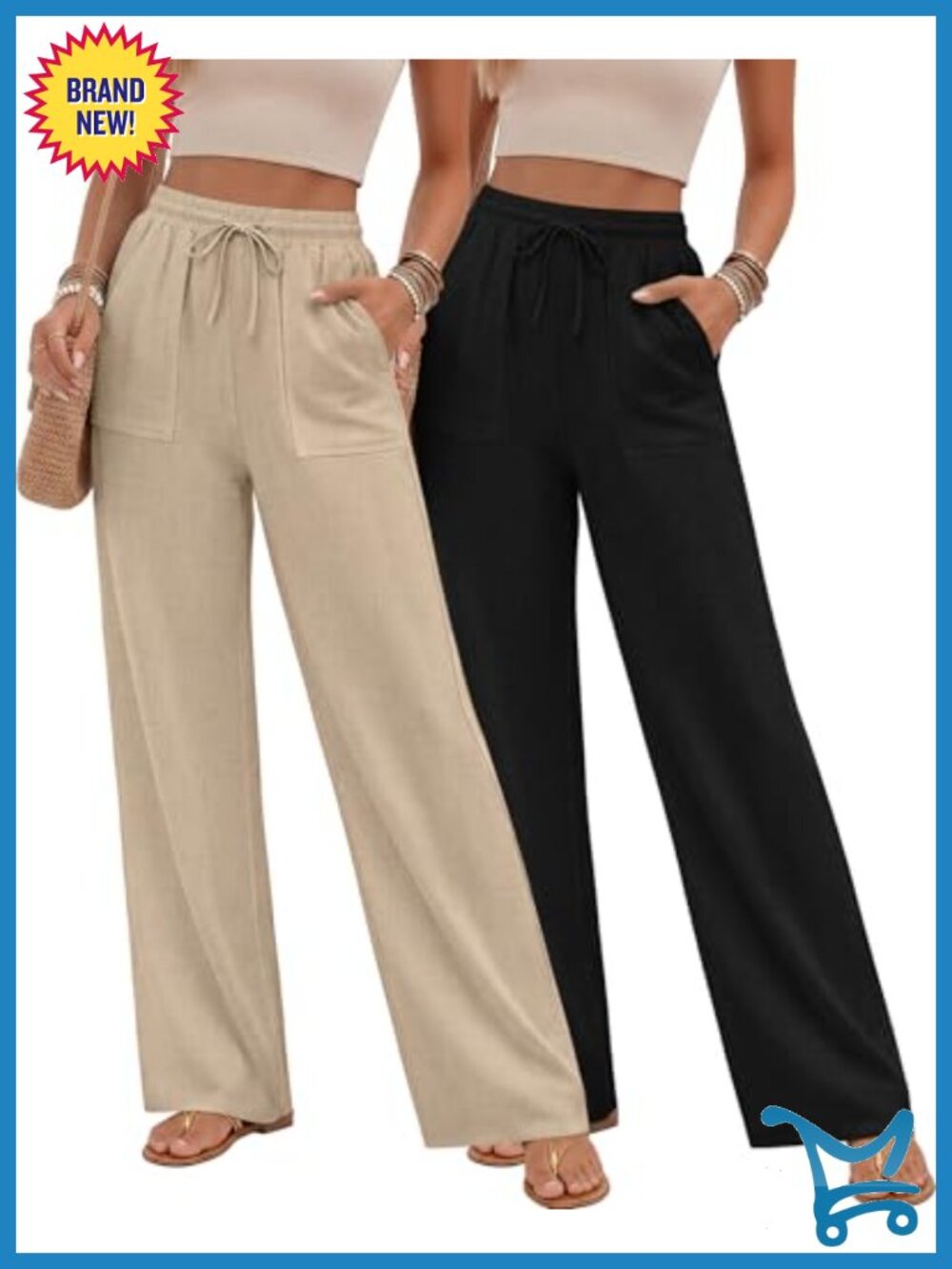 2 Pack Linen Palazzo Pants Women's Straight Leg Drawstring Summer Beach